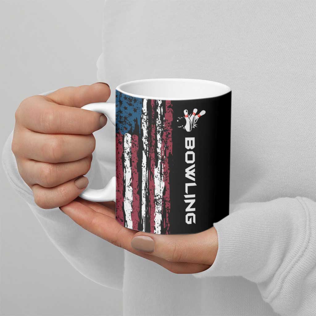 Distressed American Flag Ceramic Mug with Bowling Pins and Ball Vertical Stripe Design - Wonder Print Shop