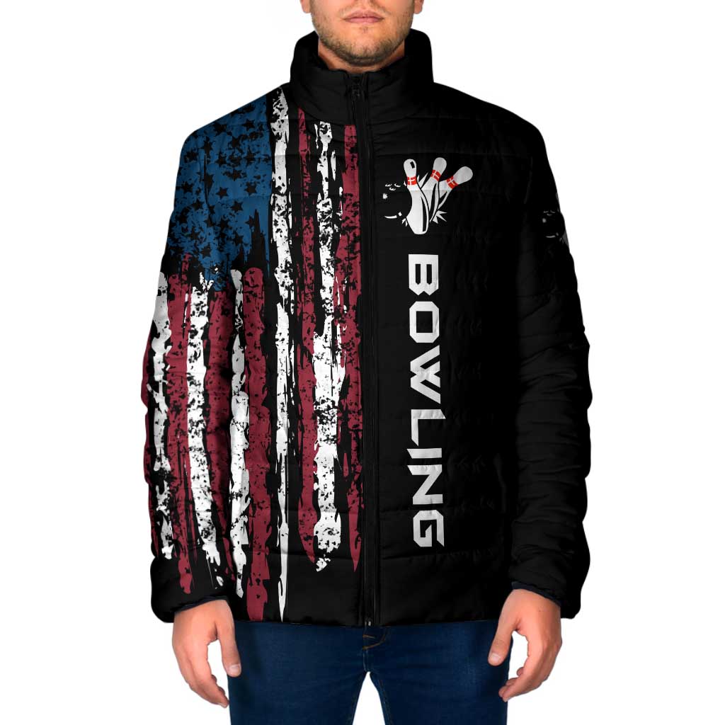 Padded hooded jacket with distressed American flag vertical stripes, bowling hand graphic, black
