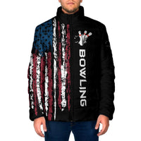 Padded hooded jacket with distressed American flag vertical stripes, bowling hand graphic, black