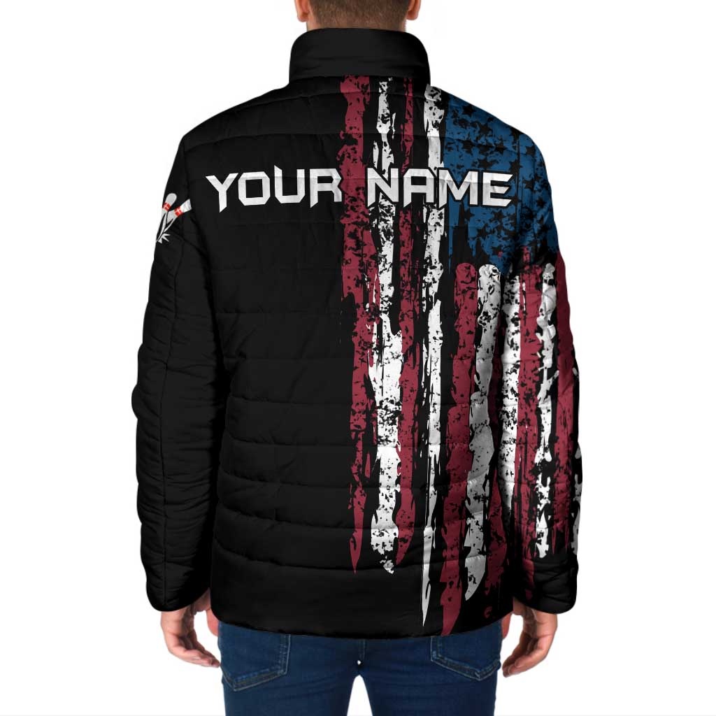 Back view padded hooded jacket with distressed flag vertical stripe design and bowling graphic