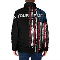 Back view padded hooded jacket with distressed flag vertical stripe design and bowling graphic