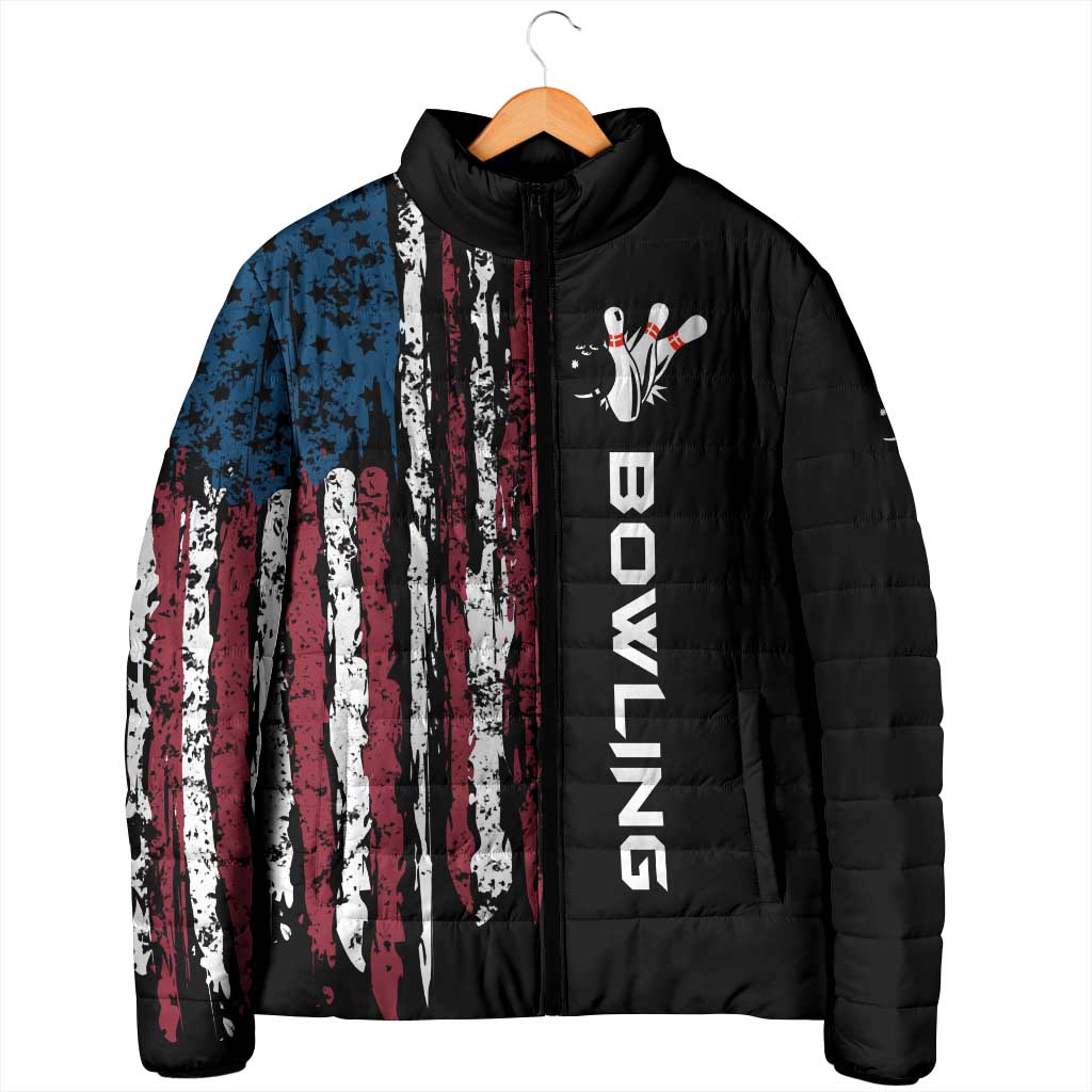 Hooded padded jacket with distressed American flag vertical stripe panel and bowling text