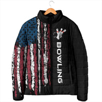 Hooded padded jacket with distressed American flag vertical stripe panel and bowling text