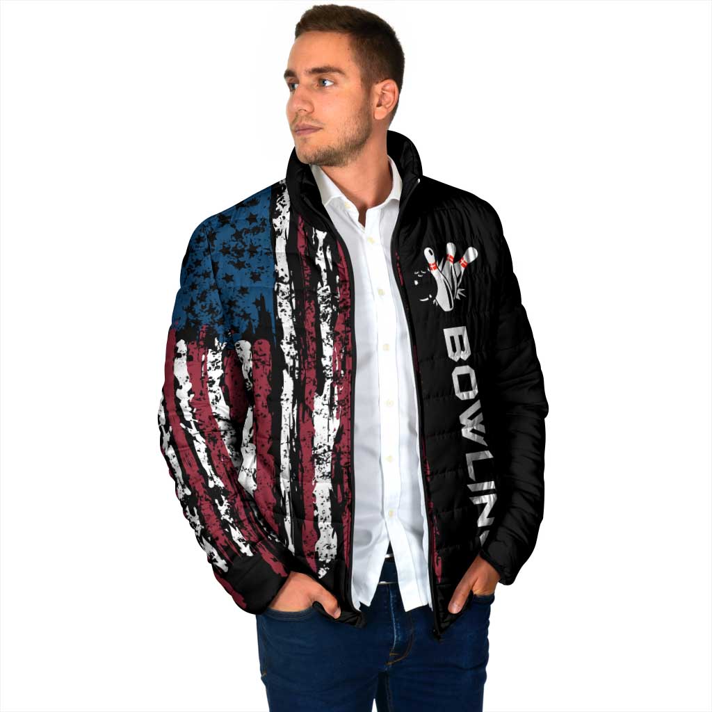 Padded hooded jacket in black with distressed flag vertical stripe and bowling hand emblem