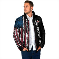 Padded hooded jacket in black with distressed flag vertical stripe and bowling hand emblem