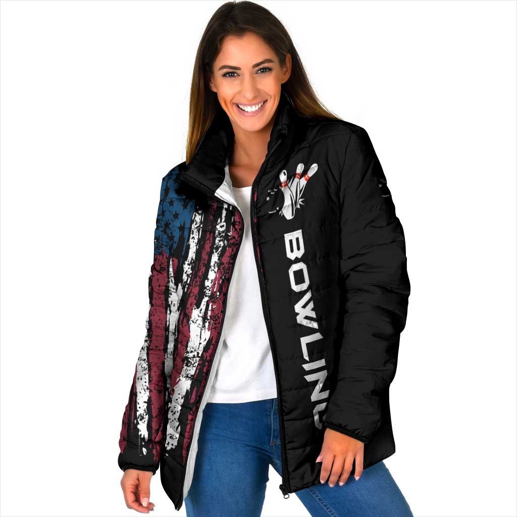 Women’s padded hooded jacket with distressed American flag vertical stripes and bowling graphic