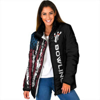 Women’s padded hooded jacket with distressed American flag vertical stripes and bowling graphic