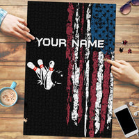 Distressed American Flag Puzzle with Bowling Pins and Ball Vertical Stripe Design - Wonder Print Shop