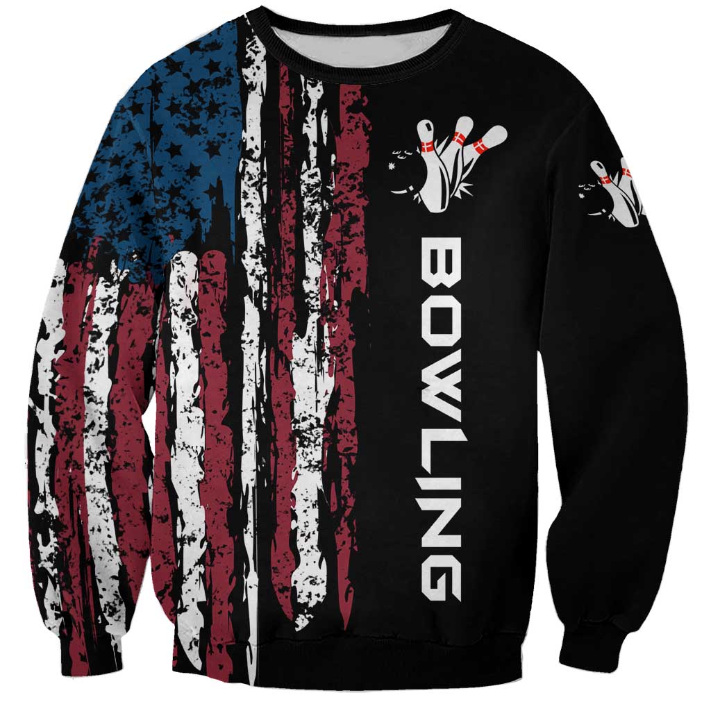 Distressed American Flag Sweatshirt with Bowling Pins and Ball Vertical Stripe Design - Wonder Print Shop