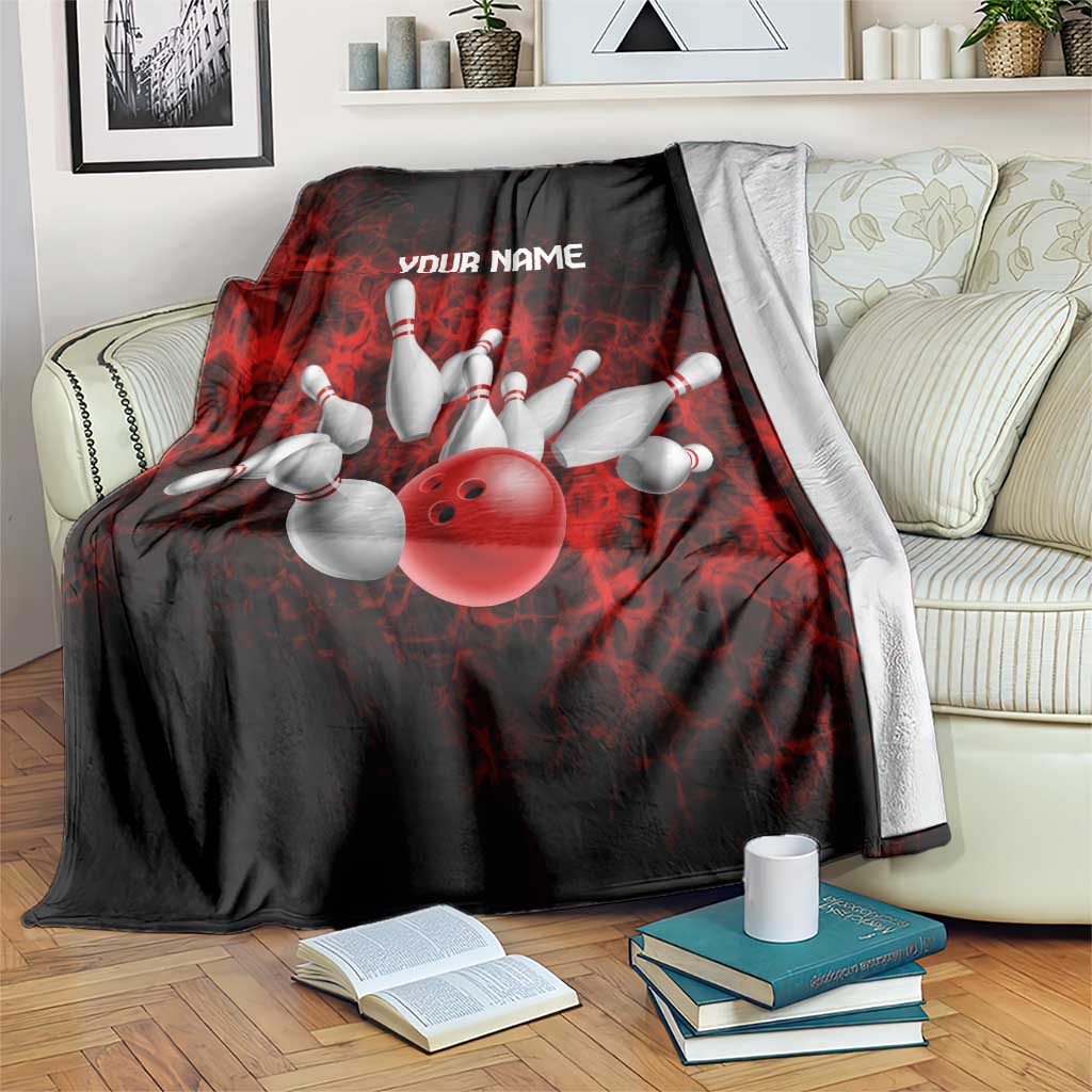 Red Bowling Ball and Pins Design Blanket with Fiery Smoke Background and Custom Team Name Text - Wonder Print Shop