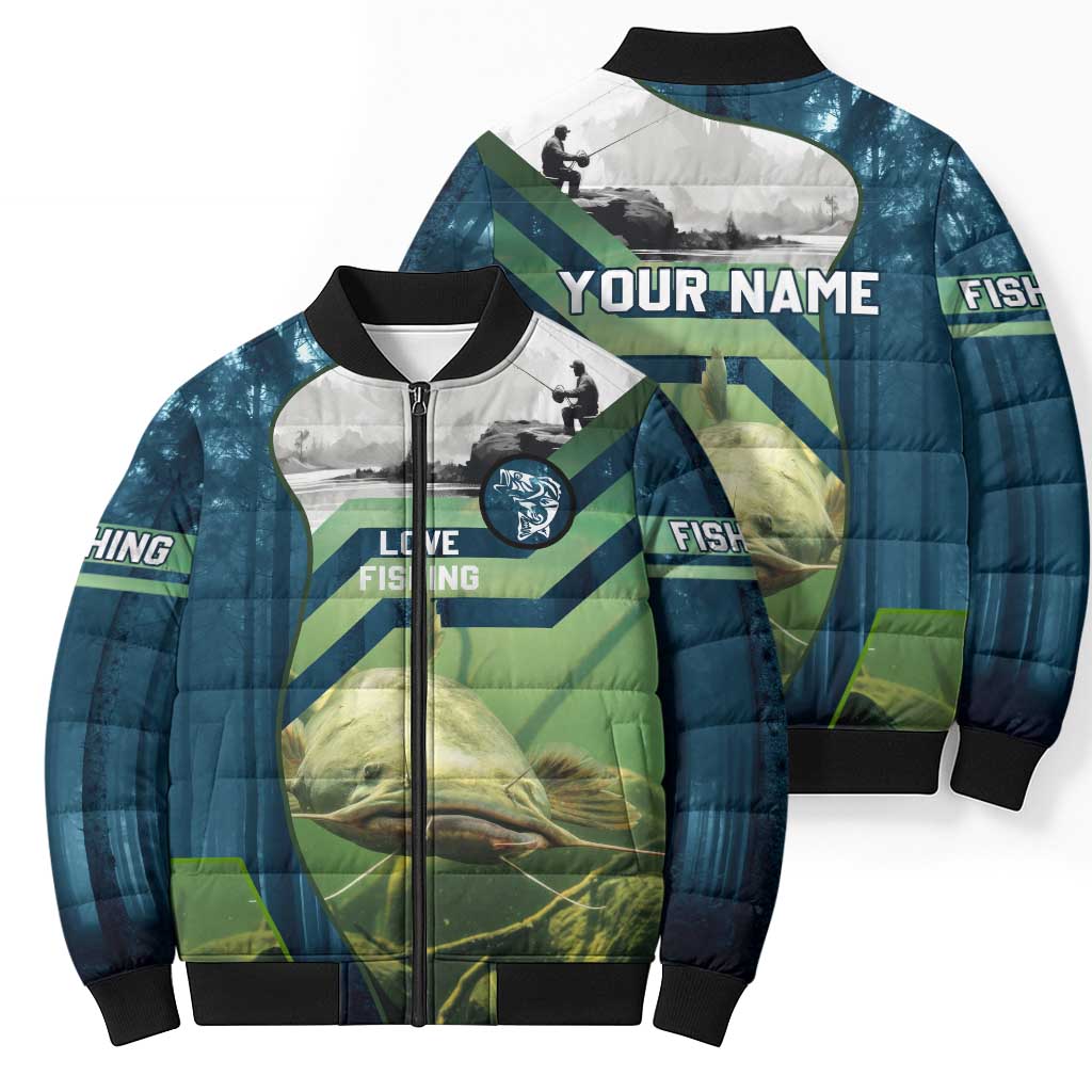 Catfish and Underwater Scene Design Bomber Puffer Jacket with Forest Background and Fishing Theme Elements - Wonder Print Shop