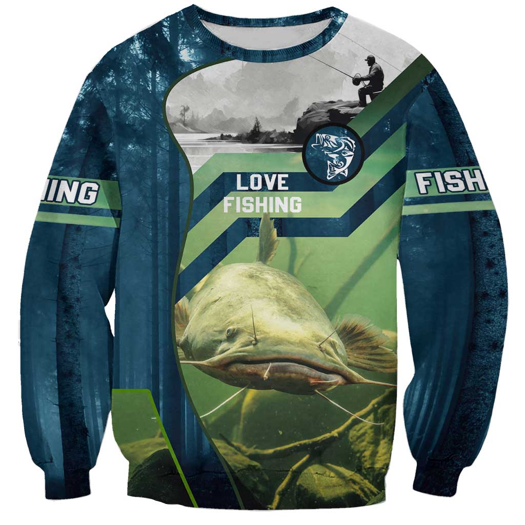 Catfish and Underwater Scene Design Sweatshirt with Forest Background and Fishing Theme Elements - Wonder Print Shop
