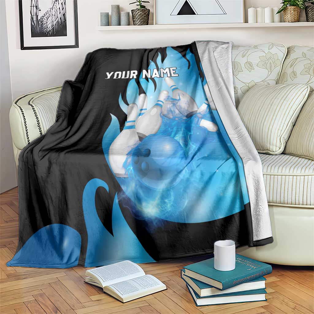 Blue Flame Bowling Ball and Pins Design Blanket with Smoke Effects and Custom Team Name Text - Wonder Print Shop