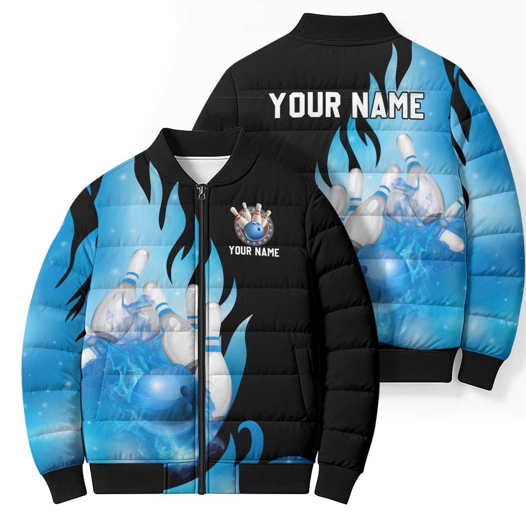 Blue Flame Bowling Ball and Pins Design Bomber Puffer Jacket with Smoke Effects and Custom Team Name Text - Wonder Print Shop