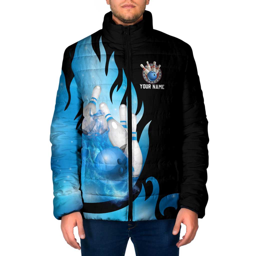 Blue Flame Bowling Ball and Pins Design Padded Jacket with Smoke Effects and Custom Team Name Text - Wonder Print Shop