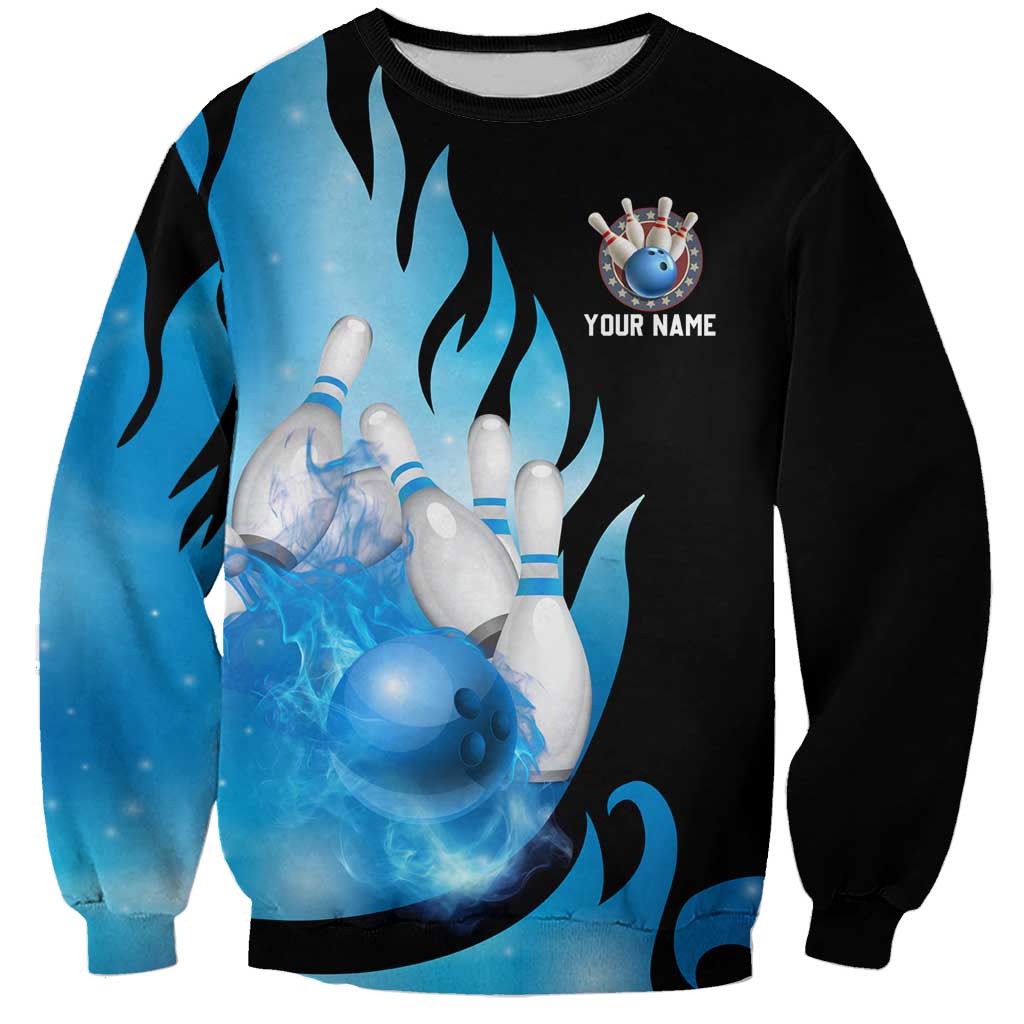 Blue Flame Bowling Ball and Pins Design Sweatshirt with Smoke Effects and Custom Team Name Text - Wonder Print Shop