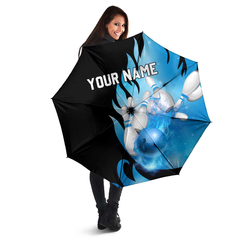 Blue Flame Bowling Ball and Pins Design Umbrella with Smoke Effects and Custom Team Name Text - Wonder Print Shop