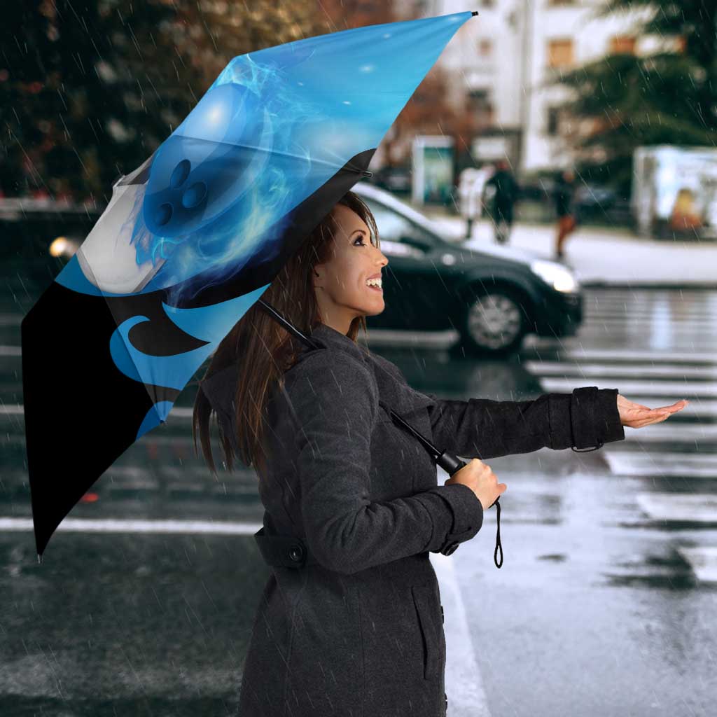 Blue Flame Bowling Ball and Pins Design Umbrella with Smoke Effects and Custom Team Name Text - Wonder Print Shop