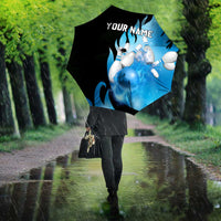 Blue Flame Bowling Ball and Pins Design Umbrella with Smoke Effects and Custom Team Name Text - Wonder Print Shop