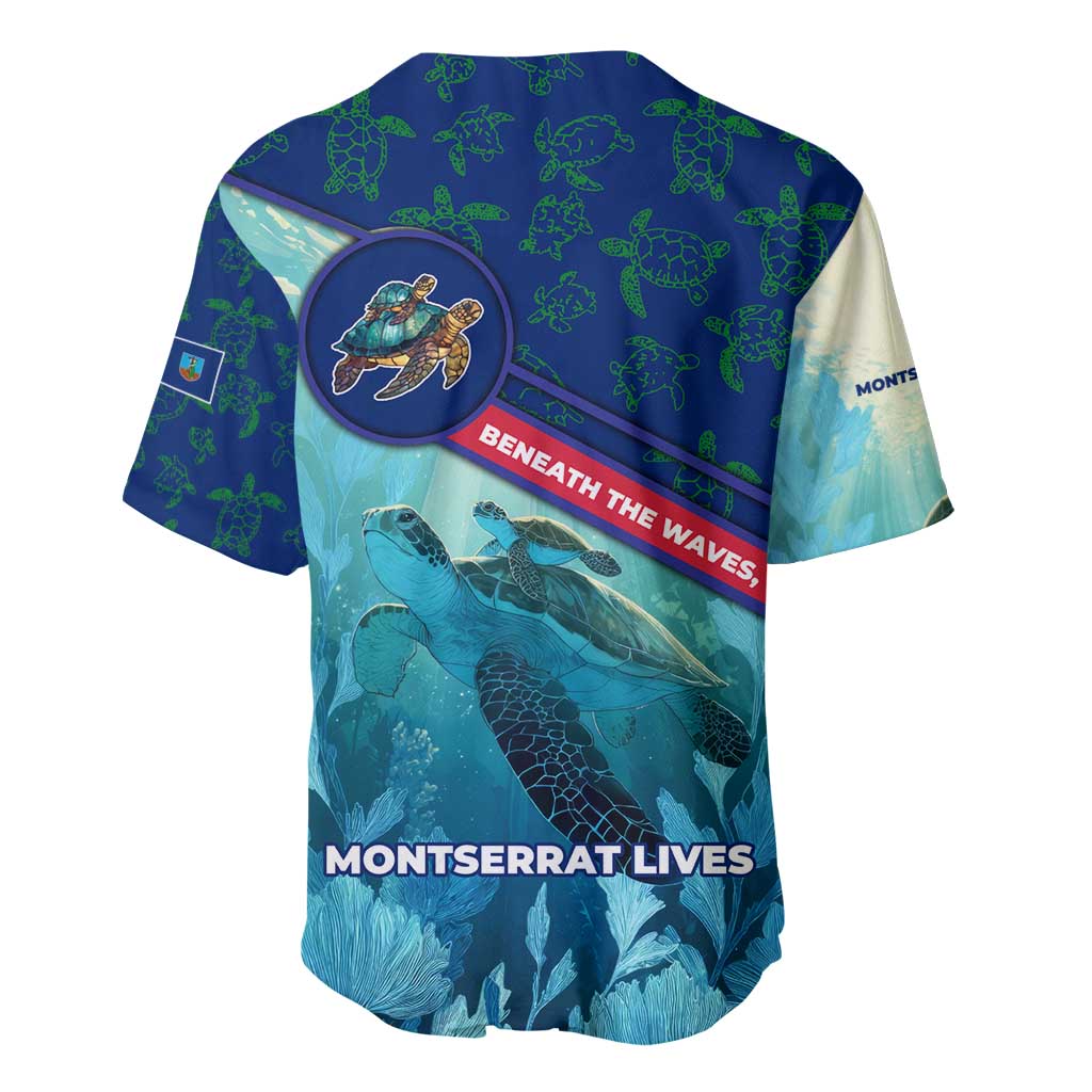 Montserrat Baseball Jersey with Sea Turtle Illustration Blue Underwater Ocean Design - Wonder Print Shop