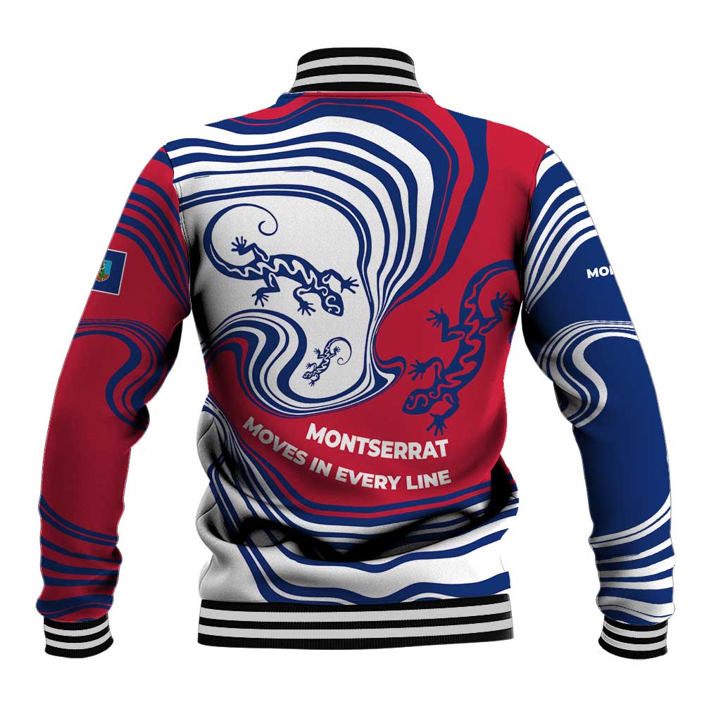 Montserrat Baseball Jacket with Gecko Illustration Red Blue Wavy Line Design - Wonder Print Shop