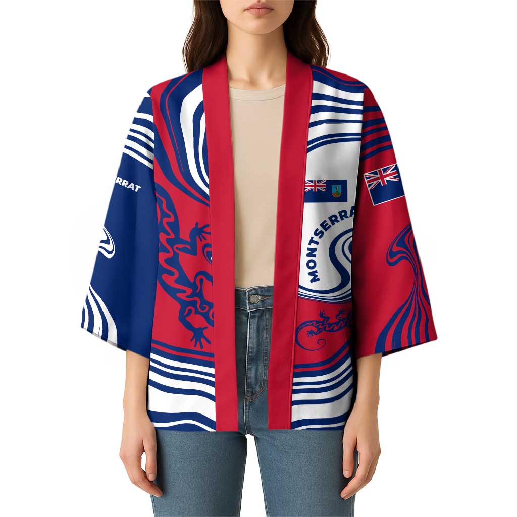 Montserrat Kimono with Gecko Illustration Red Blue Wavy Line Design - Wonder Print Shop