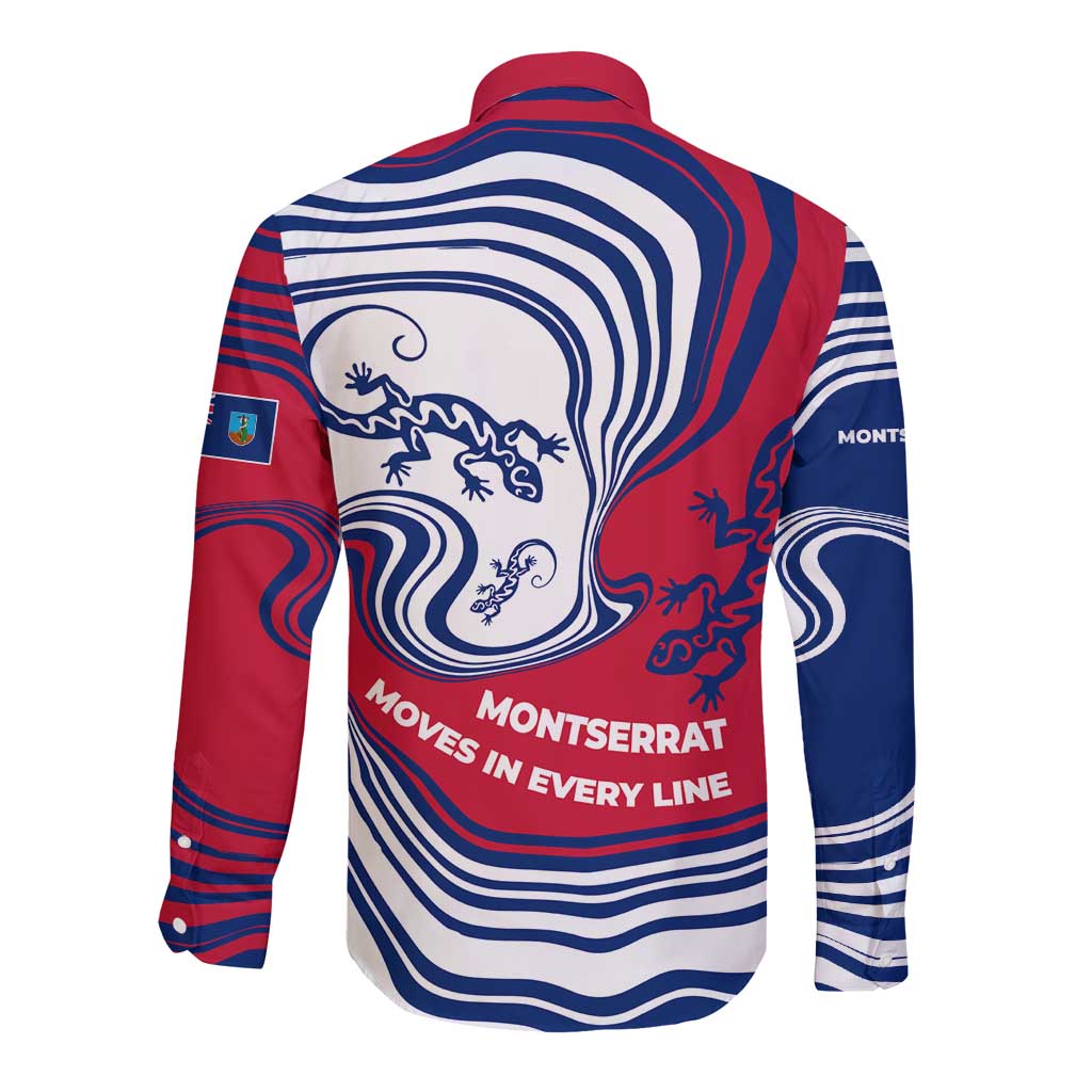 Montserrat Long Sleeve Button Shirt with Gecko Illustration Red Blue Wavy Line Design - Wonder Print Shop