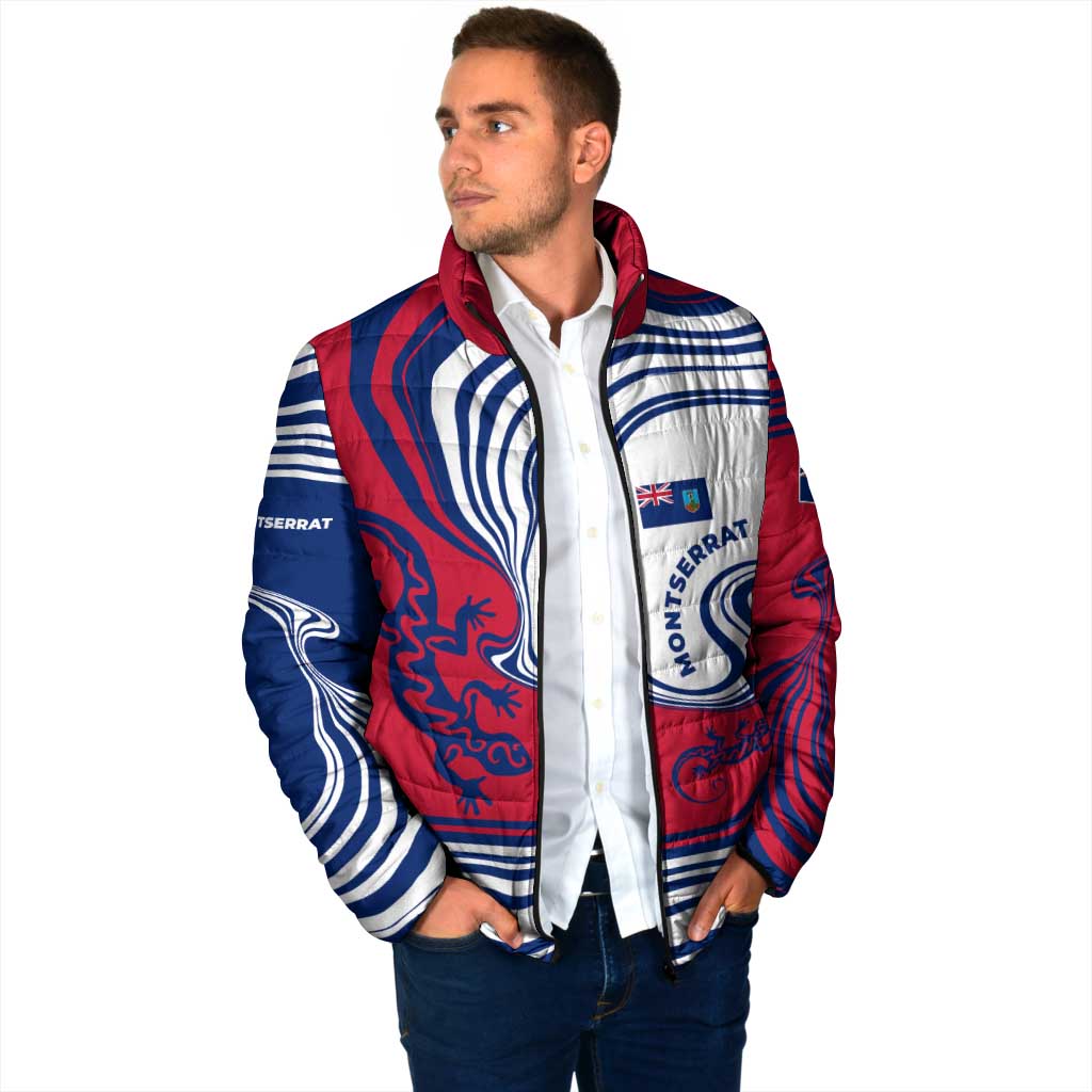 Montserrat Padded Jacket with Gecko Illustration Red Blue Wavy Line Design - Wonder Print Shop