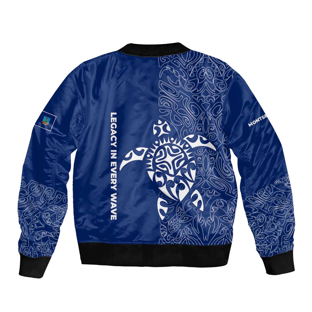 Montserrat Bomber Jacket with Tribal Sea Turtle Illustration Blue Polynesian Pattern Design - Wonder Print Shop