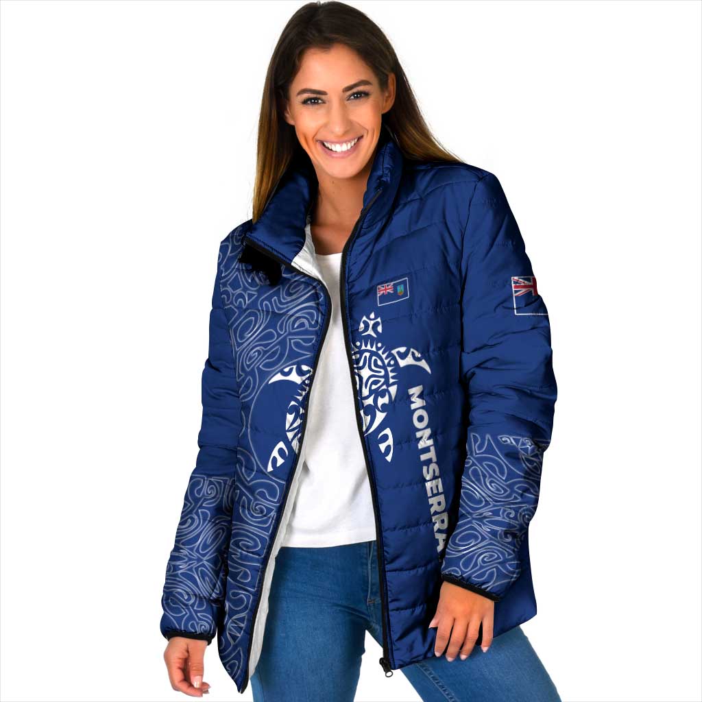 Montserrat Padded Jacket with Tribal Sea Turtle Illustration Blue Polynesian Pattern Design - Wonder Print Shop