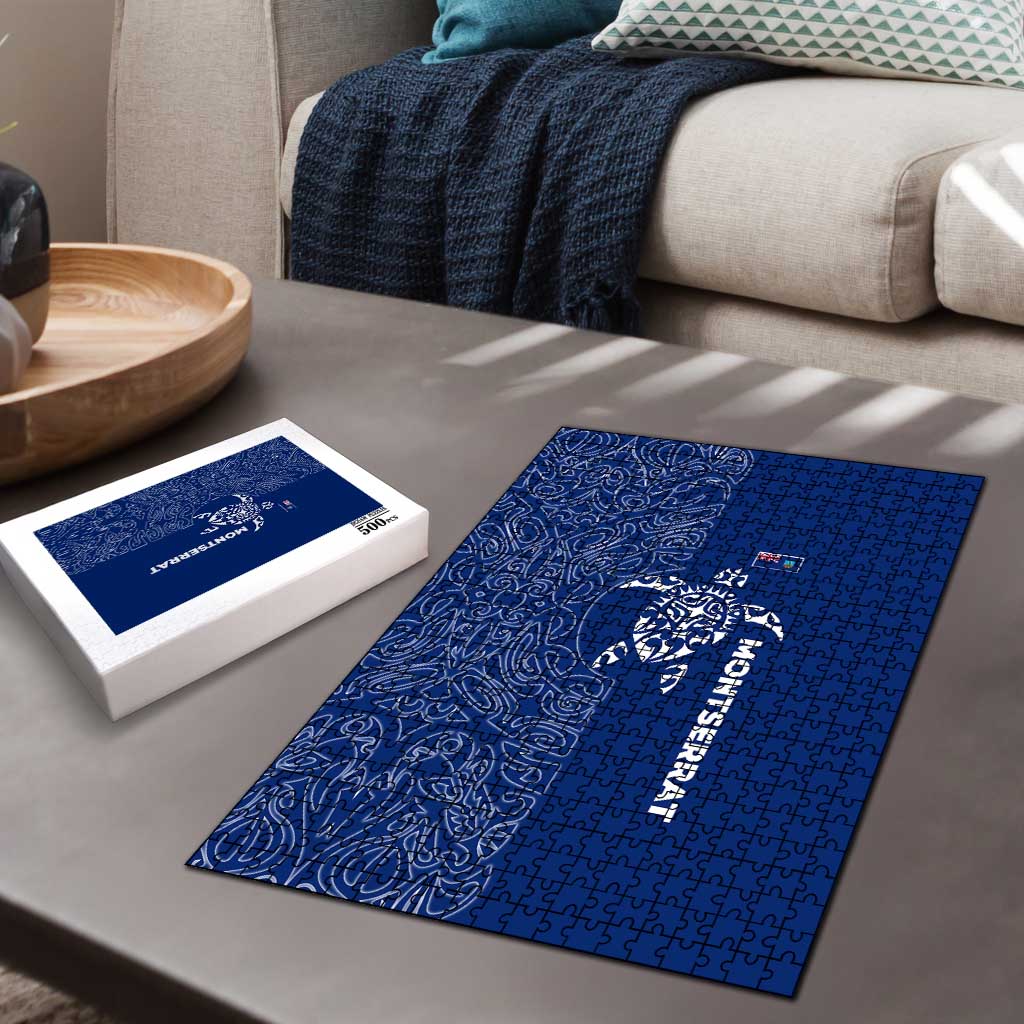 Montserrat Puzzle with Tribal Sea Turtle Illustration Blue Polynesian Pattern Design - Wonder Print Shop