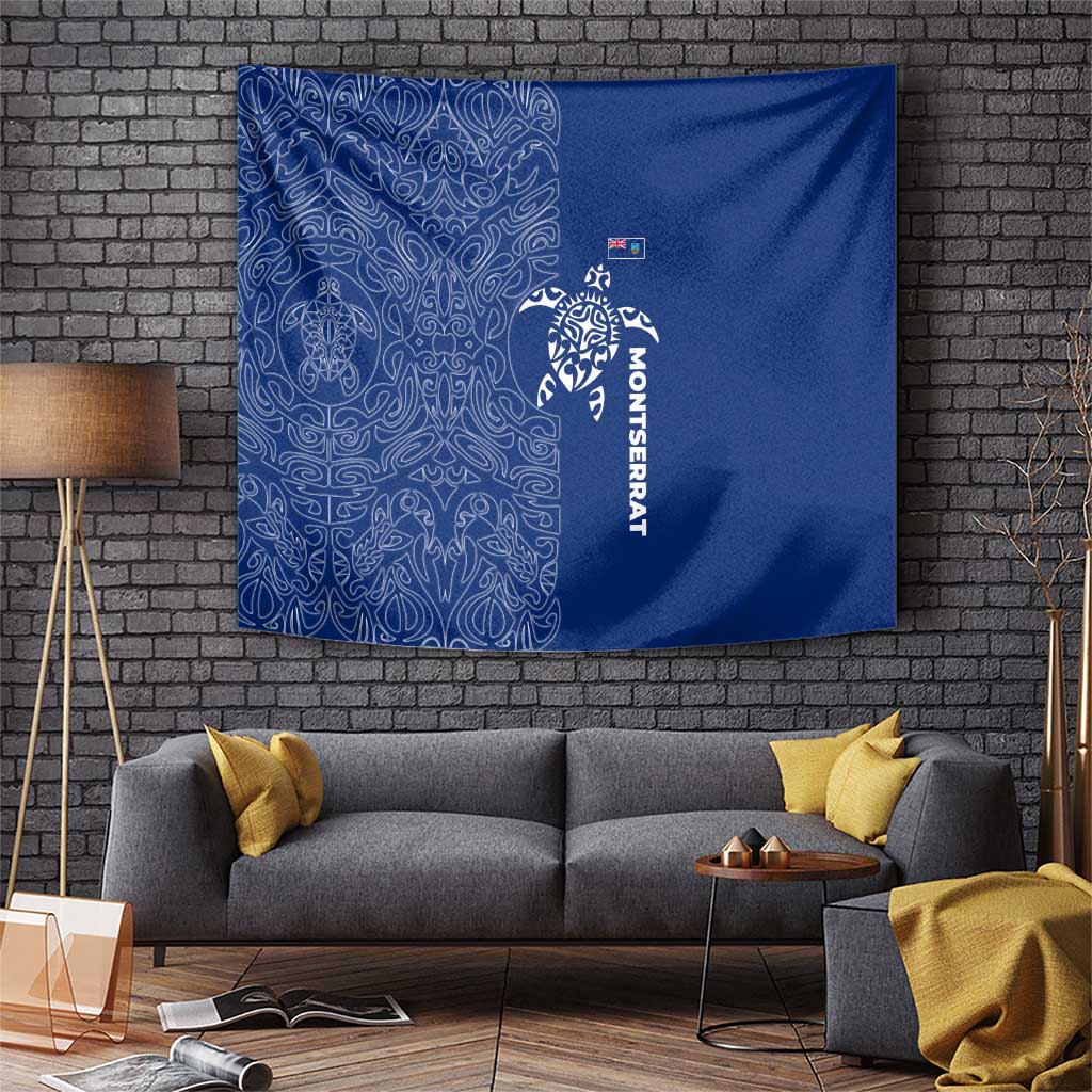 Montserrat Tapestry with Tribal Sea Turtle Illustration Blue Polynesian Pattern Design - Wonder Print Shop