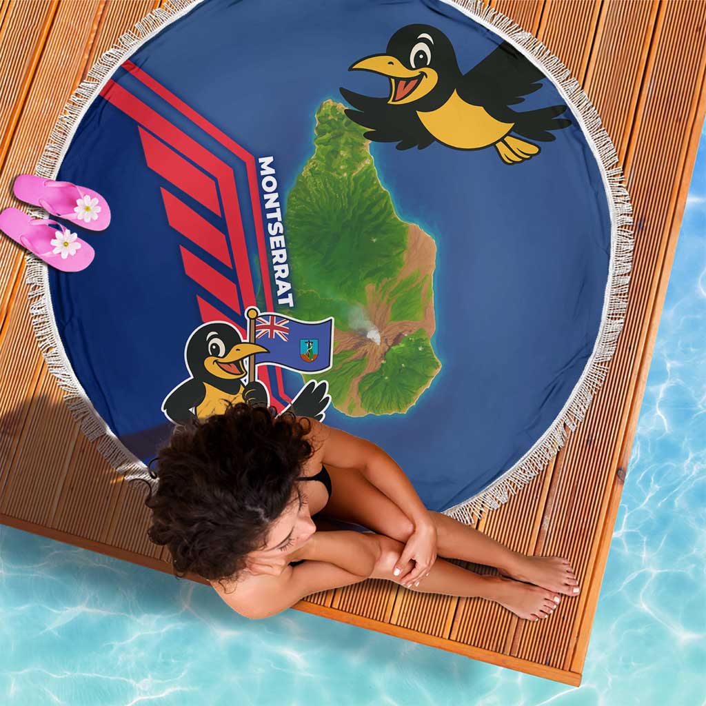 Montserrat Beach Blanket with Cartoon Bird and Island Map Blue Red Stripe Design - Wonder Print Shop