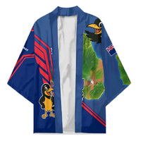 Montserrat Kimono with Cartoon Bird and Island Map Blue Red Stripe Design - Wonder Print Shop