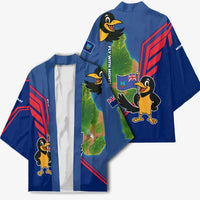 Montserrat Kimono with Cartoon Bird and Island Map Blue Red Stripe Design - Wonder Print Shop