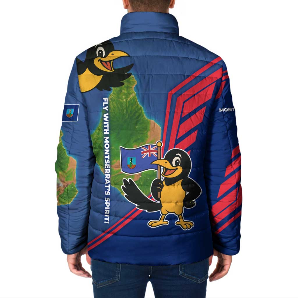 Montserrat Padded Jacket with Cartoon Bird and Island Map Blue Red Stripe Design - Wonder Print Shop