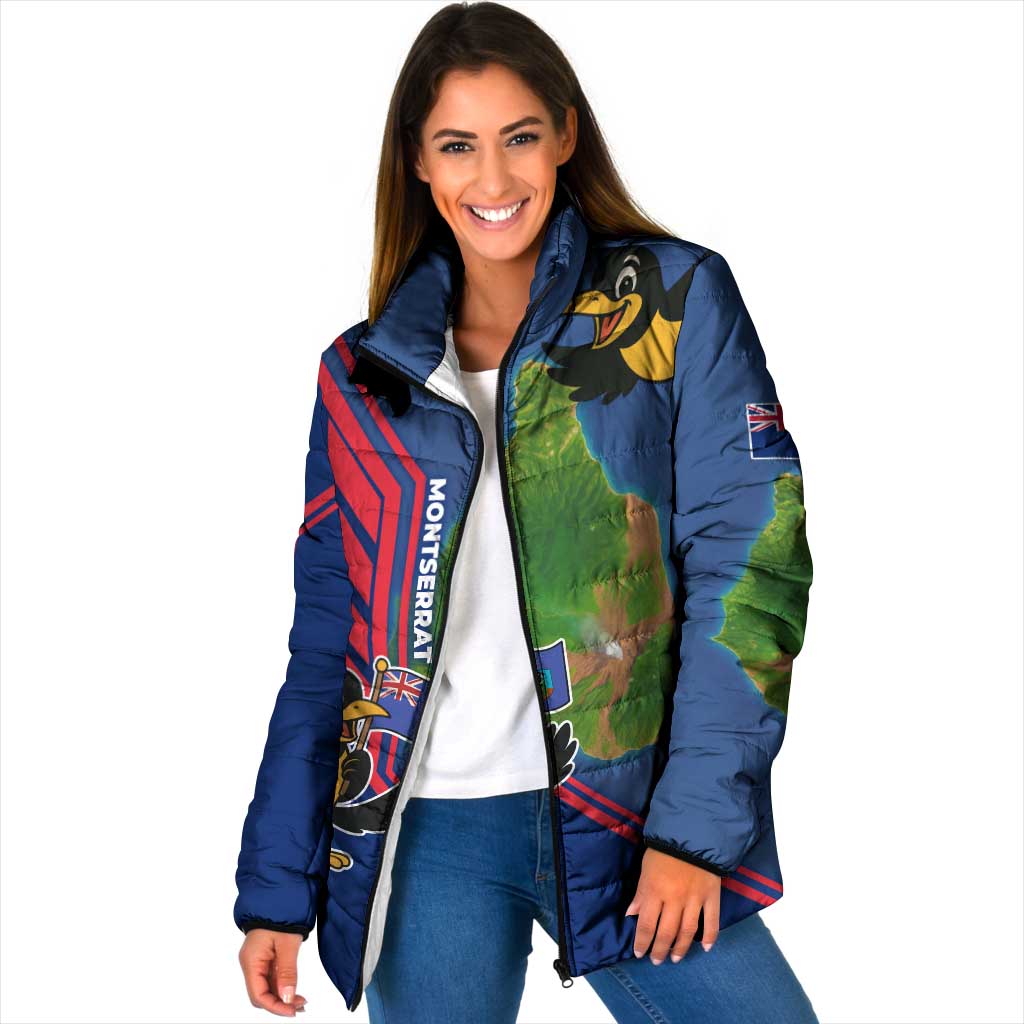 Montserrat Padded Jacket with Cartoon Bird and Island Map Blue Red Stripe Design - Wonder Print Shop