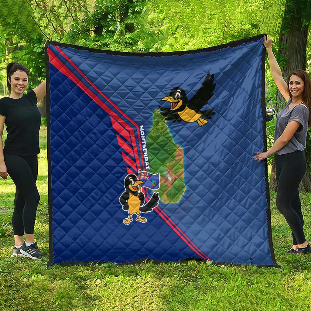 Blue quilt laid out outdoors, red stripe border with cartoon bird and island map graphic.
