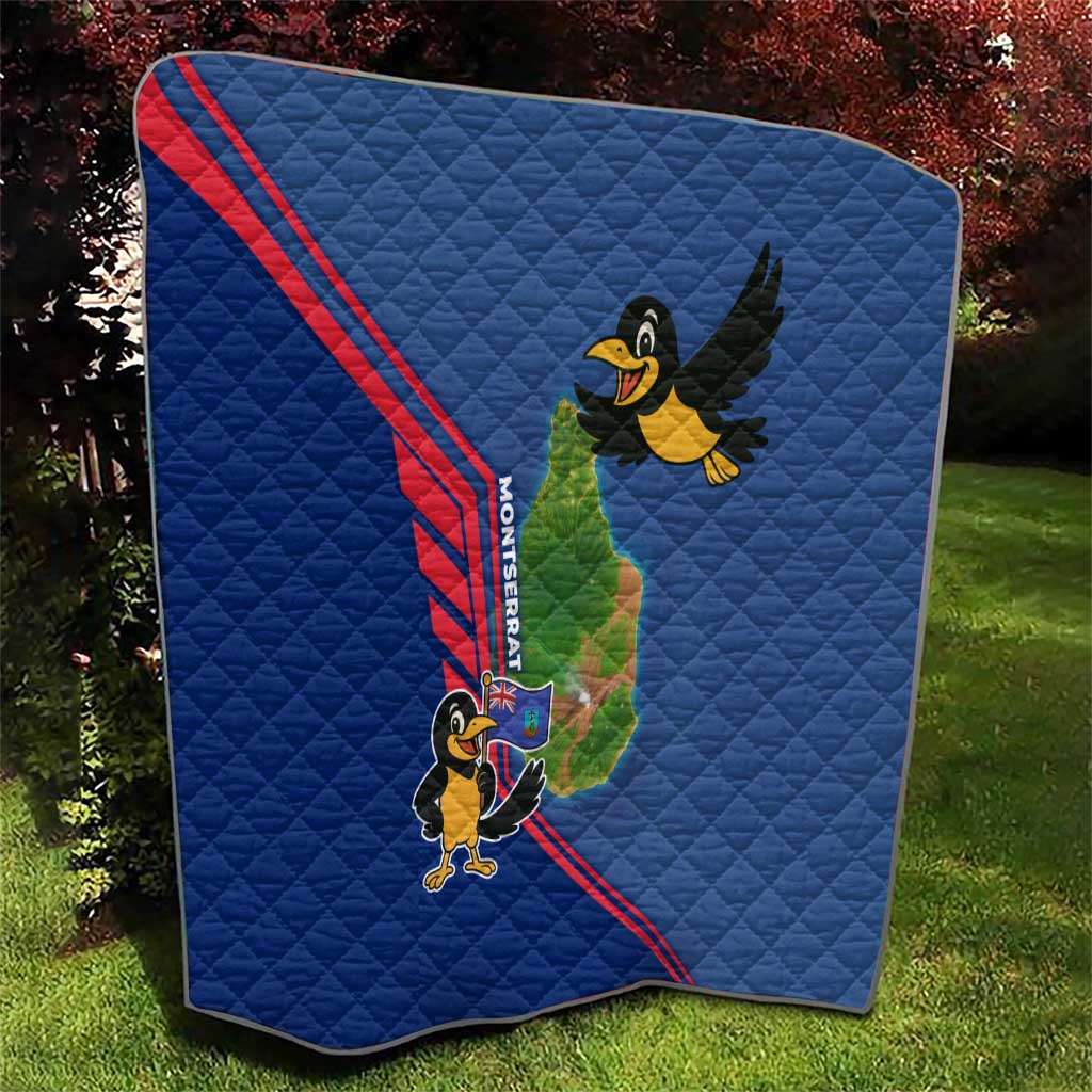 Blue quilt shown upright, quilted texture with red stripe and cartoon bird island map art.
