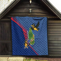 Blue quilt hanging indoors, quilted look with red stripe and cartoon bird island map.