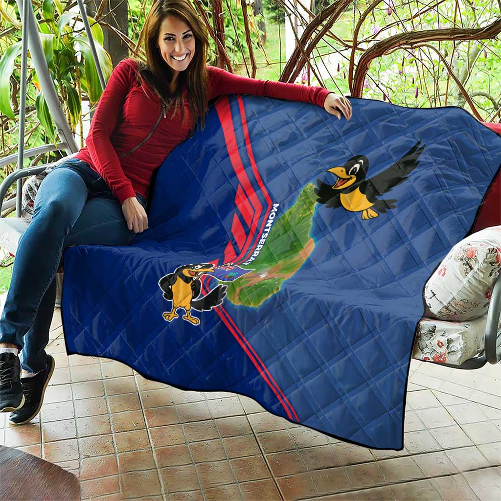 Blue quilt draped on sofa, red stripe and cartoon bird island map graphic on quilted fabric.