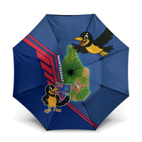 Blue umbrella with red stripes and cartoon bird over island map graphic