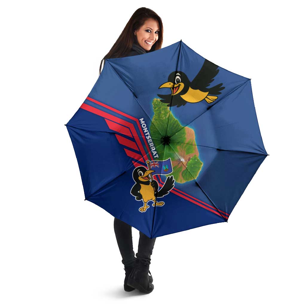 Blue umbrella with cartoon bird and island map print, red stripe accents