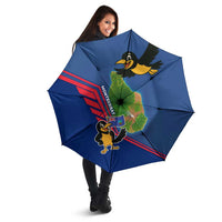 Blue umbrella with cartoon bird and island map print, red stripe accents