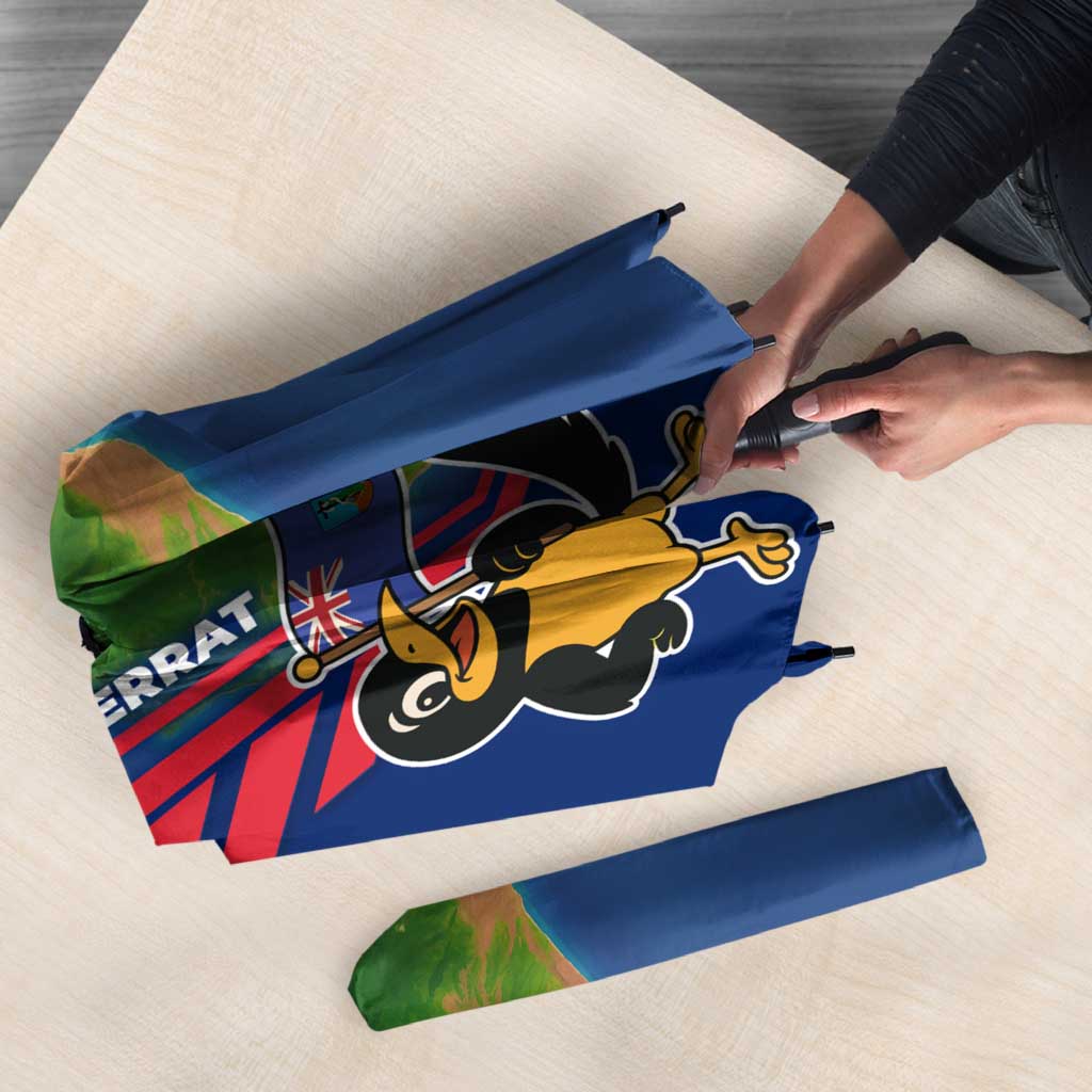 Folded blue umbrella fabric with cartoon bird and island map print, red stripe detail