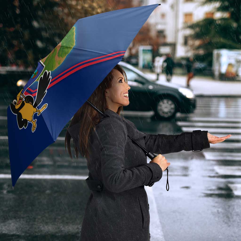 Side-view blue umbrella with red stripes and cartoon bird island map print