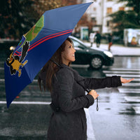 Side-view blue umbrella with red stripes and cartoon bird island map print