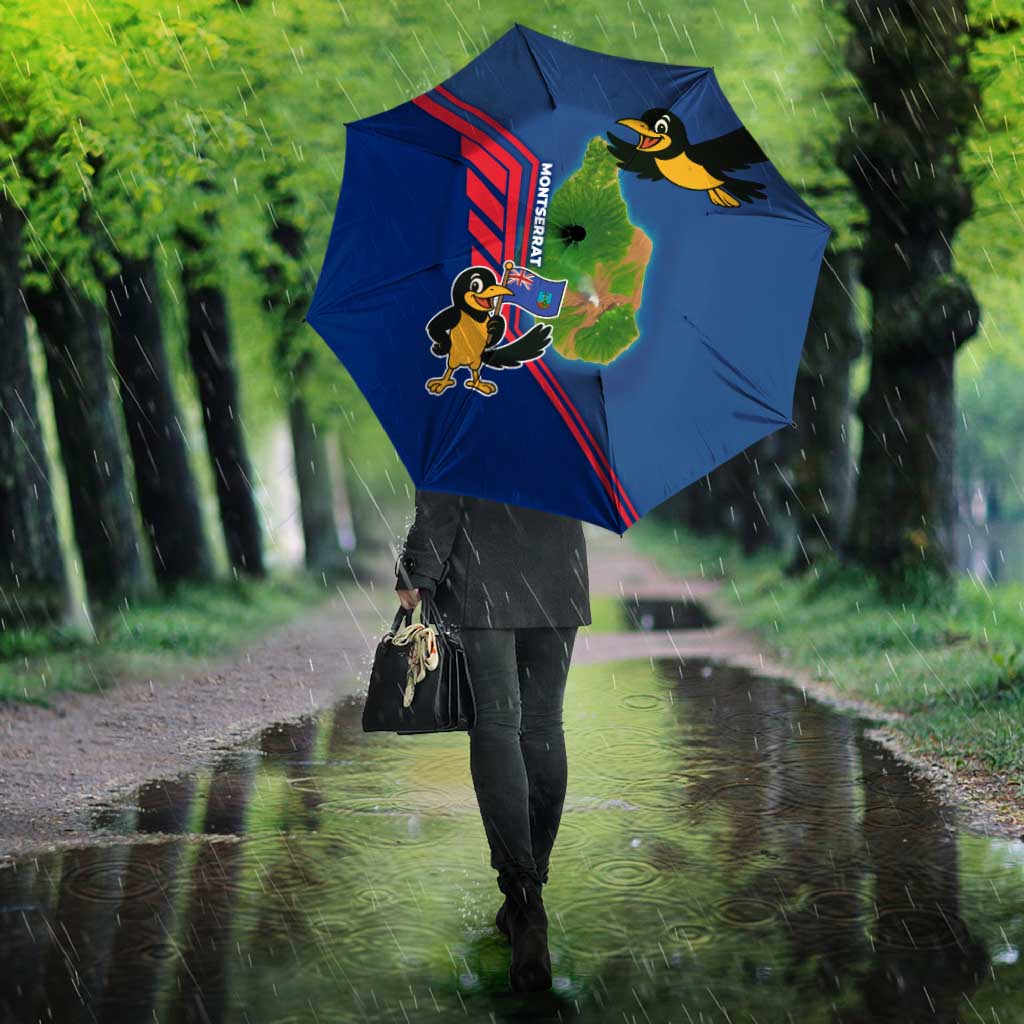 Blue umbrella with cartoon bird and island map print, red stripe panels