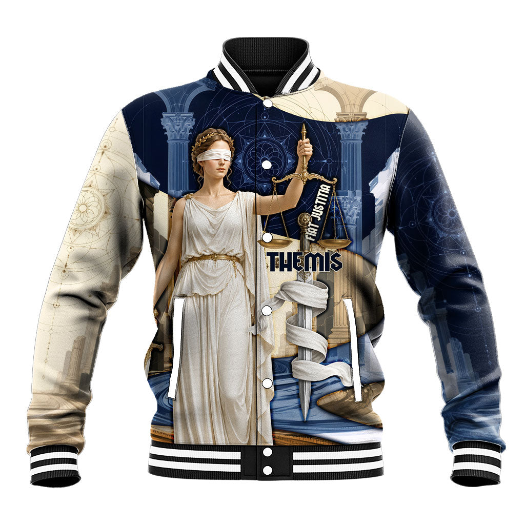 Themis Lady Justice Baseball Jacket Greek Mythology Blindfold Scales Statue Classic Art Style