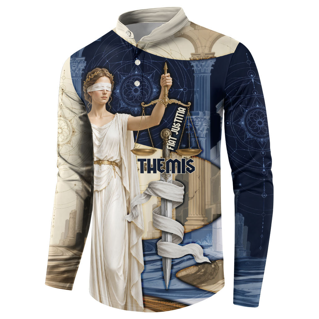 Themis Lady Justice Button Sweatshirt Greek Mythology Blindfold Scales Statue Classic Art Style